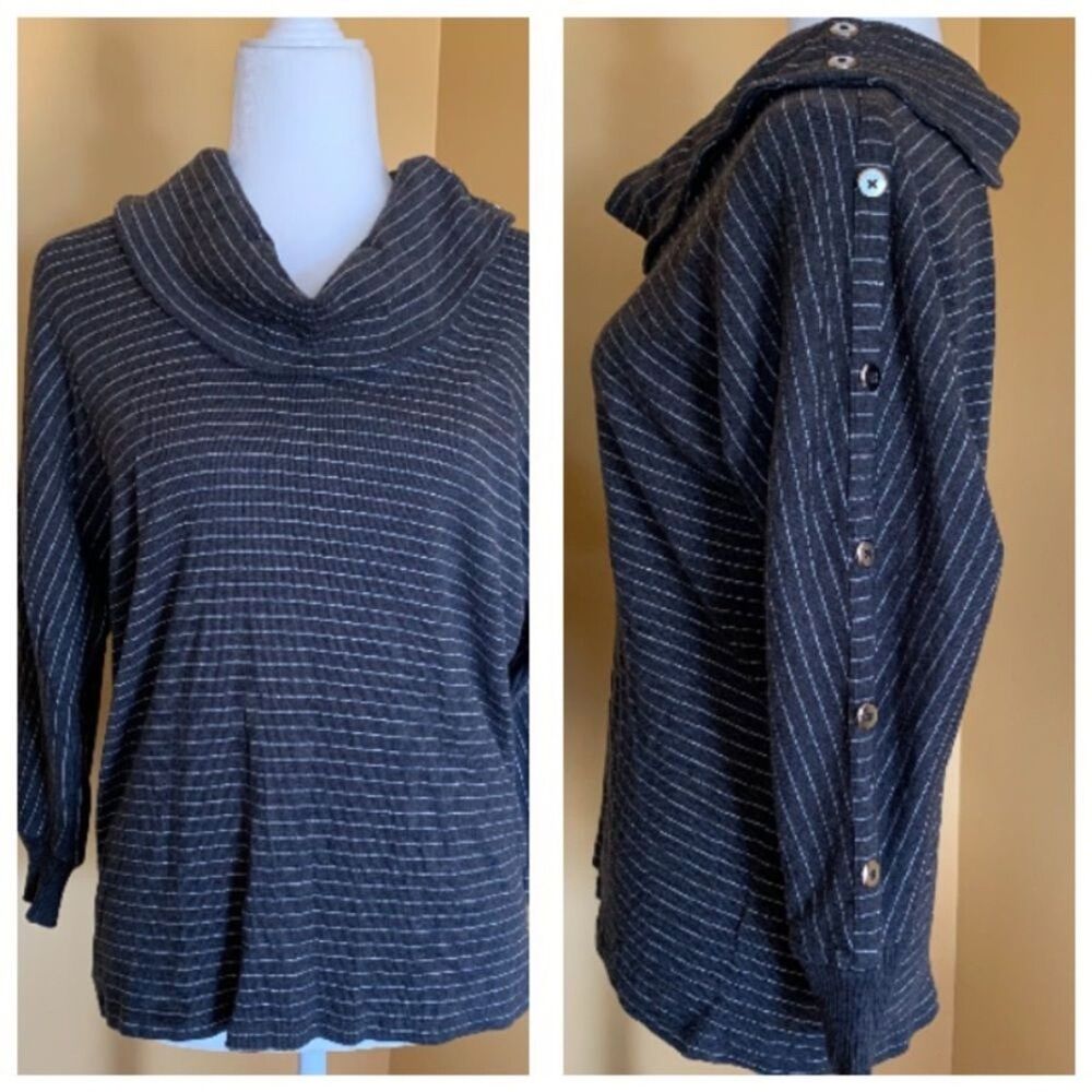 Rafaella Top Silver Pinstriped Side Button Cowl Neck Top Sweater Size M